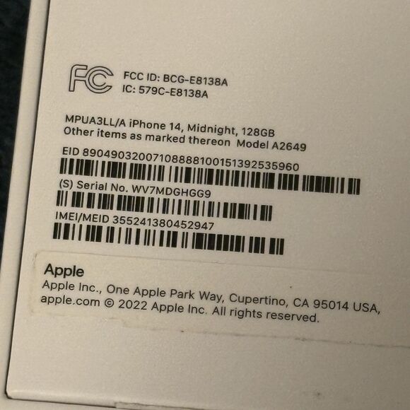 BOX ONLY - Apple iPhone 14 Midnight 128GB Empty Box Only No Phone , Model A2649 - Picture 4 of 5